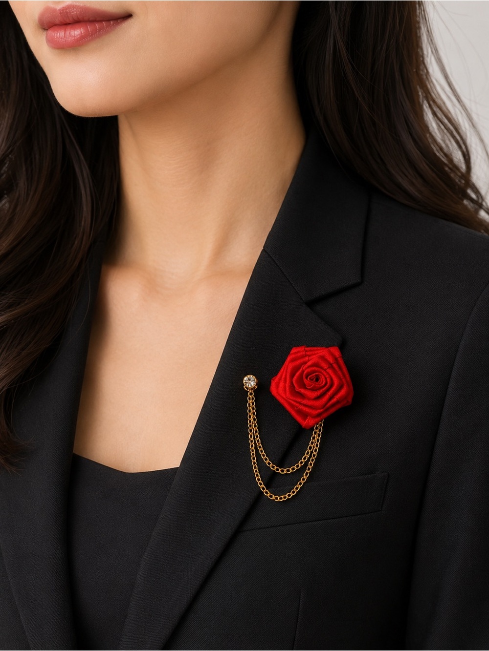 Elegant Red Rose Lapel Pin Brooch with Gold Chains